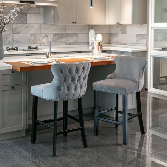 AA Furniture,Contemporary Velvet Upholstered Wing-Back Barstools With Button Tufted Decoration And Wooden Legs, And Chrome Nailhead Trim, Leisure Style Bar Chairs,Bar Stools, Set Of 2 Gray,SW1824GY