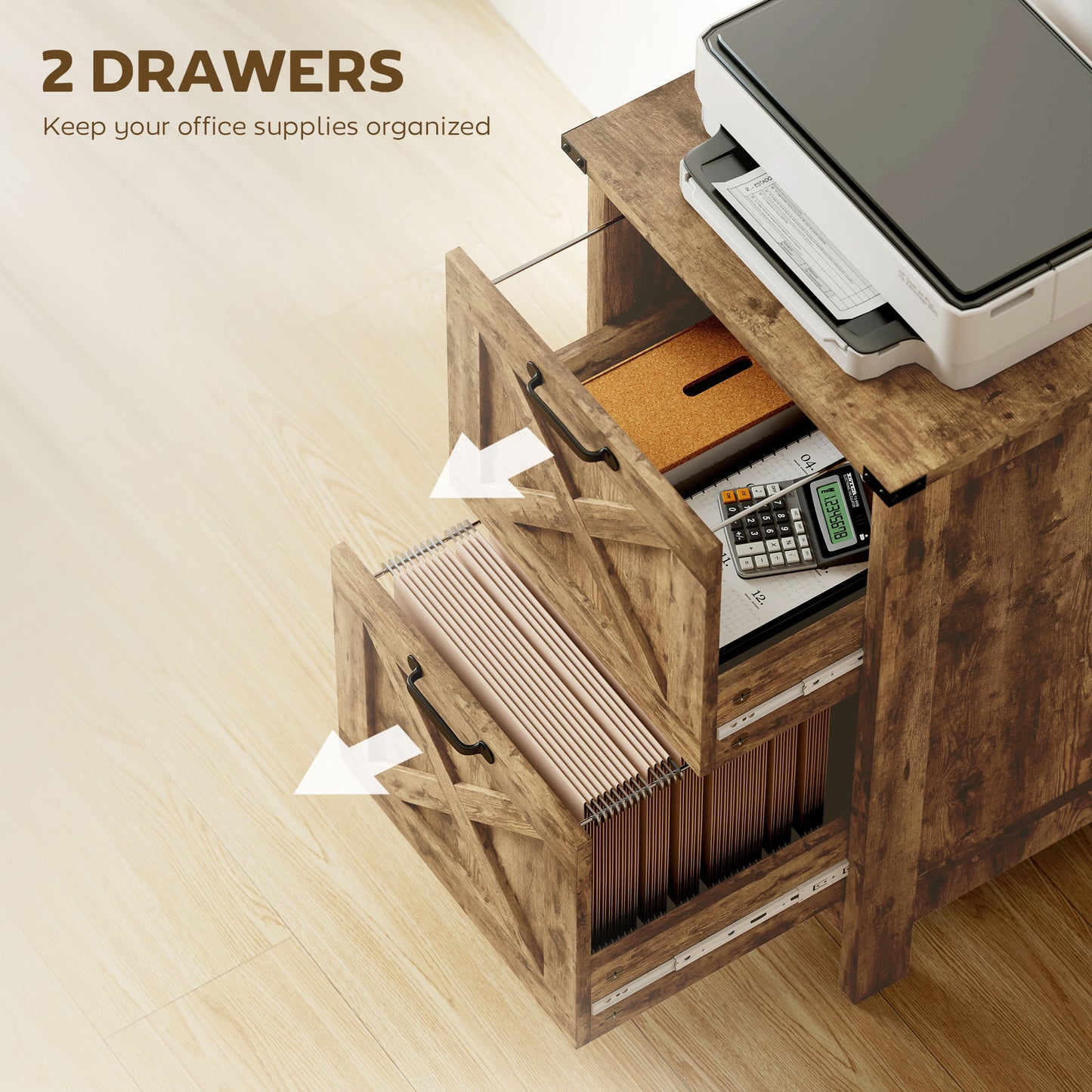 Vertical File Cabinet with 2 Drawers, Rustic Farmhouse Office Storage Cabinet for A4, Letter Size, Rustic Brown