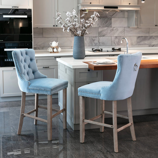 Contemporary Velvet Upholstered Barstools With Button Tufted Decoration And Wooden Legs, And Chrome Nailhead Trim, Leisure Style Bar Chairs,Bar Stools, Set Of 2 Light Blue,SW2002LB