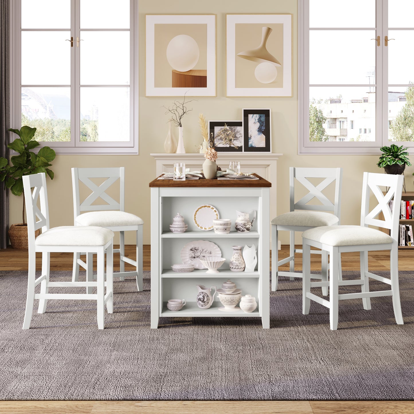 TOPMAx 5 Pieces Counter Height Rustic Farmhouse Dining Room Wooden Bar Table Set With 4 Chairs  White