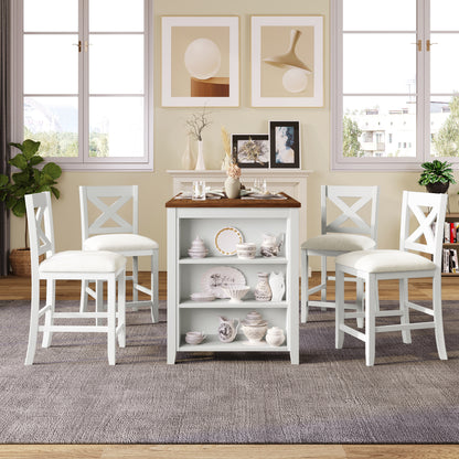 TOPMAx 5 Pieces Counter Height Rustic Farmhouse Dining Room Wooden Bar Table Set With 4 Chairs  White