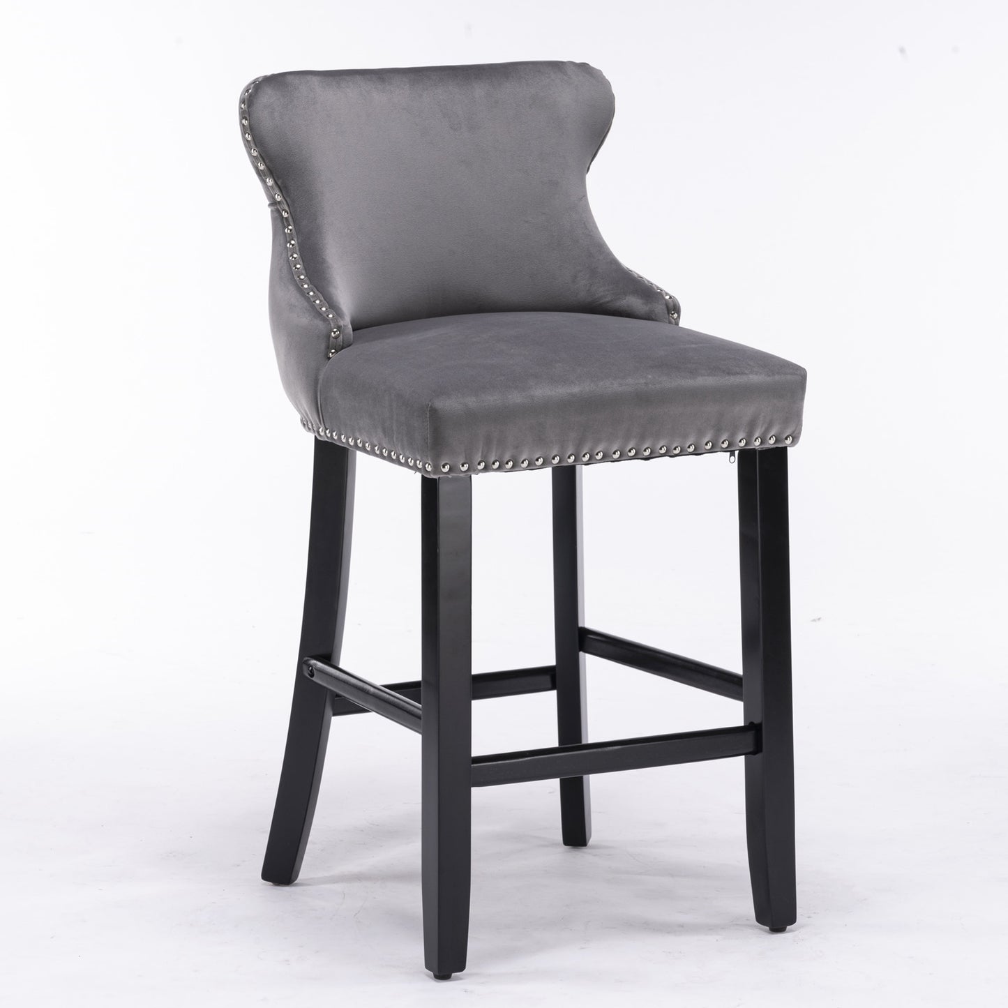 AA Furniture,Contemporary Velvet Upholstered Wing-Back Barstools With Button Tufted Decoration And Wooden Legs, And Chrome Nailhead Trim, Leisure Style Bar Chairs,Bar Stools, Set Of 2 Gray,SW1824GY