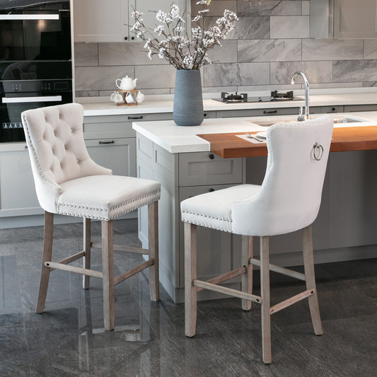 Contemporary Velvet Upholstered Barstools With Button Tufted Decoration And Wooden Legs, And Chrome Nailhead Trim, Leisure Style Bar Chairs,Bar Stools, Set Of 2 Beige,SW2002BG